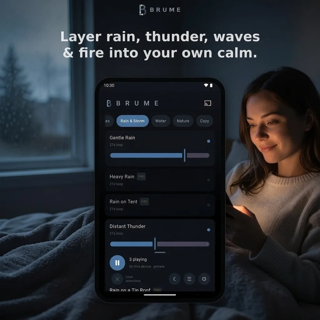 A person propped up in bed by a snowy window at night, holding a phone showing Brume's Rain and Storm list with Gentle Rain and Distant Thunder playing
