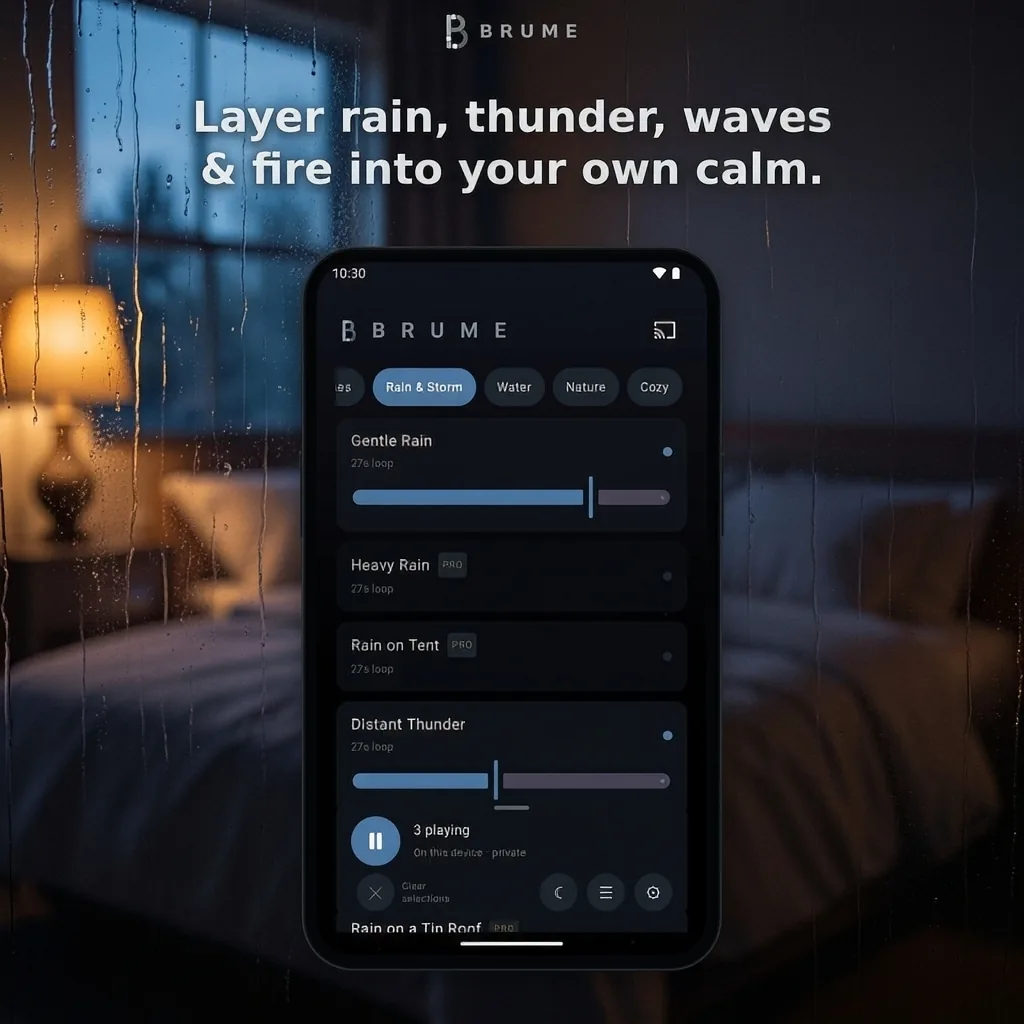 A rain-streaked window at night with a lit lamp beside it, and a phone in front of the glass showing Brume's Rain and Storm list with Gentle Rain and Distant Thunder playing