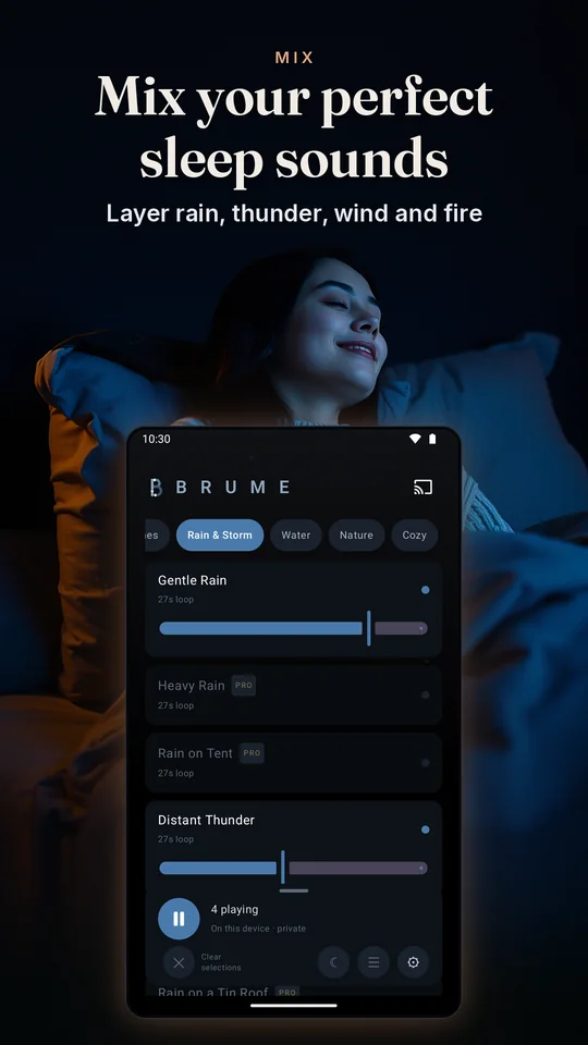 Mix your perfect sleep sounds. Layer rain, thunder, wind and fire.