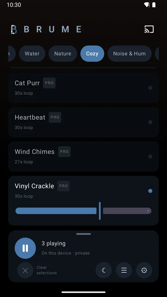 The Cozy category: cat purr, heartbeat, wind chimes and vinyl crackle