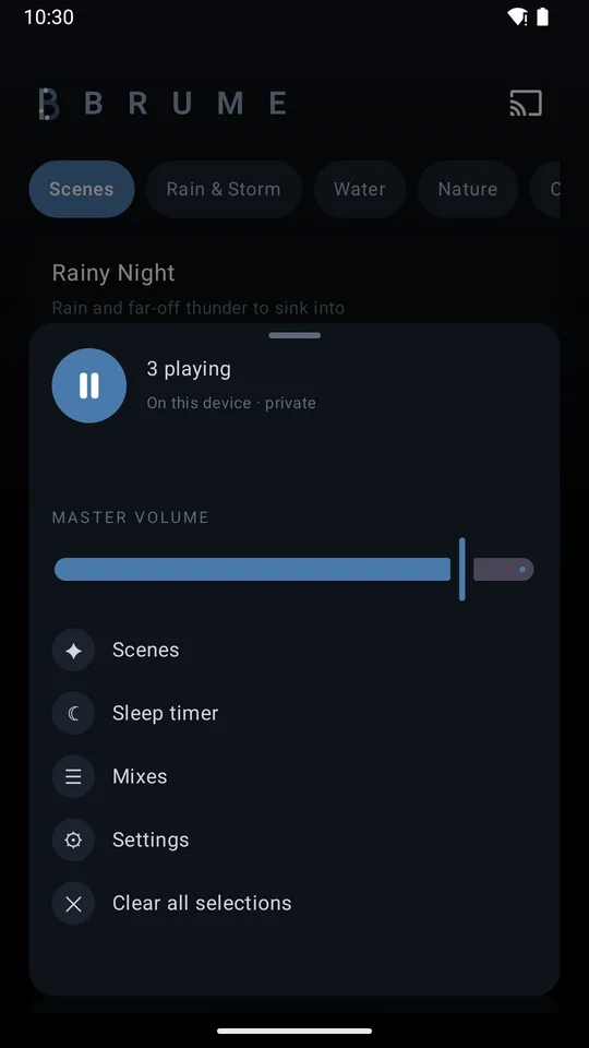 The expanded transport with master volume, scenes, sleep timer and mixes