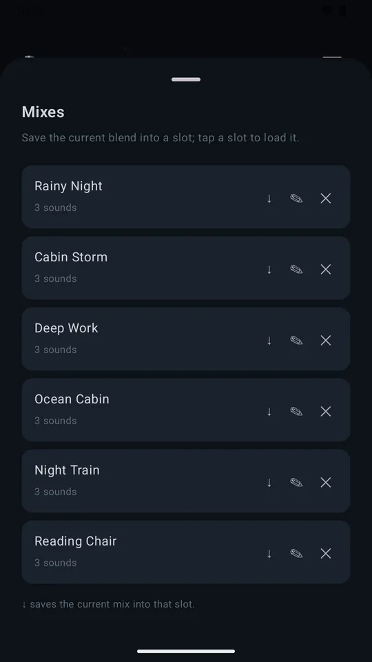 Saved mix slots: Rainy Night, Cabin Storm, Deep Work, Ocean Cabin, Night Train, Reading Chair