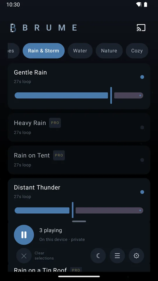 The Rain & Storm category with a volume slider under each sound