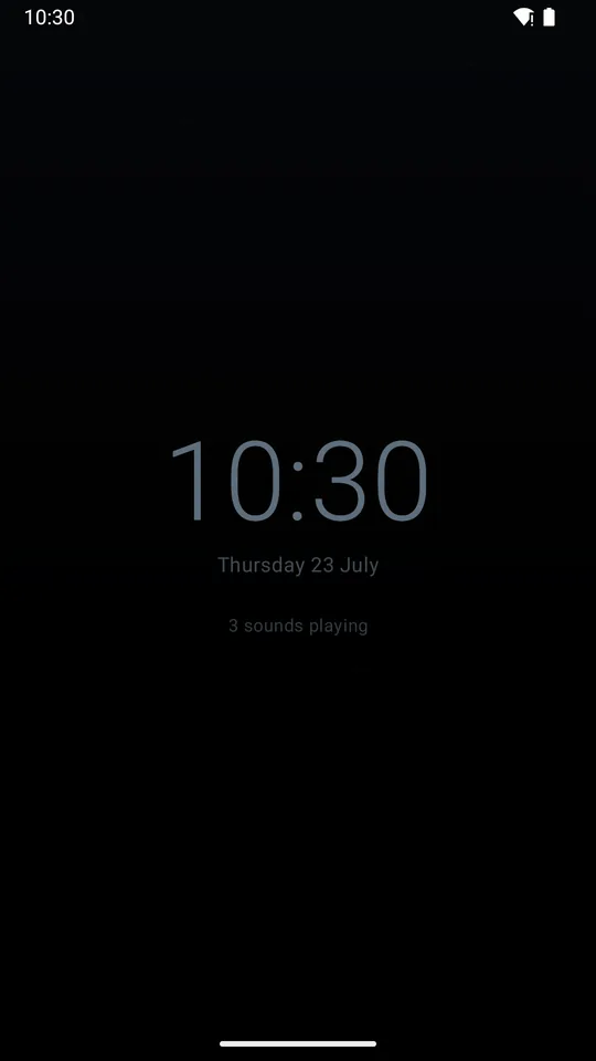 Nightstand mode: a near-black dimmed clock reading 10:30 with three sounds playing
