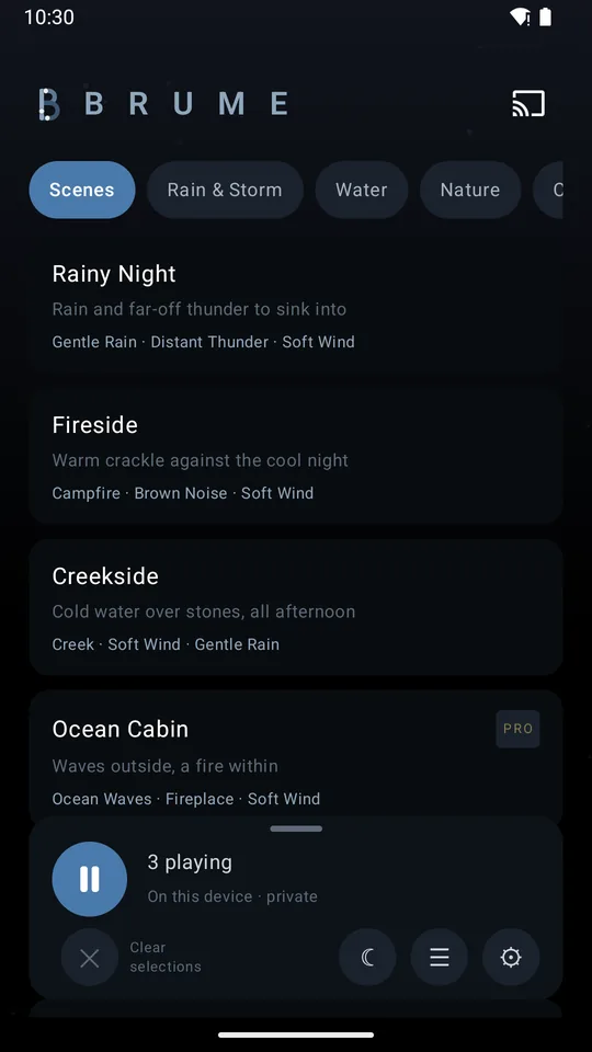 Brume's scene list: Rainy Night, Fireside, Creekside and Ocean Cabin, with three sounds playing