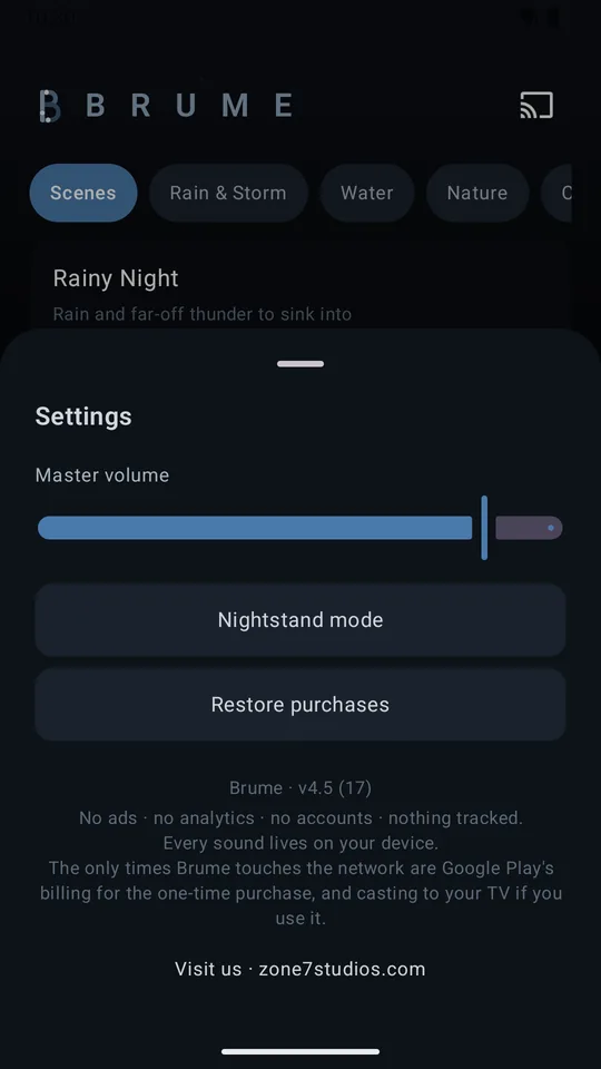 Settings, showing master volume, nightstand mode and Brume's privacy summary