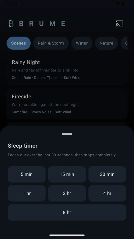 The sleep timer offering 5 minutes to 8 hours, fading out over the last 30 seconds